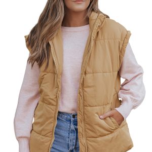 Women's Khaki Winter Vest, Casual Oversized Zip Puffer - Main View