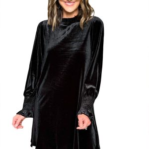 Women's Black Velvet Mini Dress, Long Sleeve Mock Neck Style - Main View