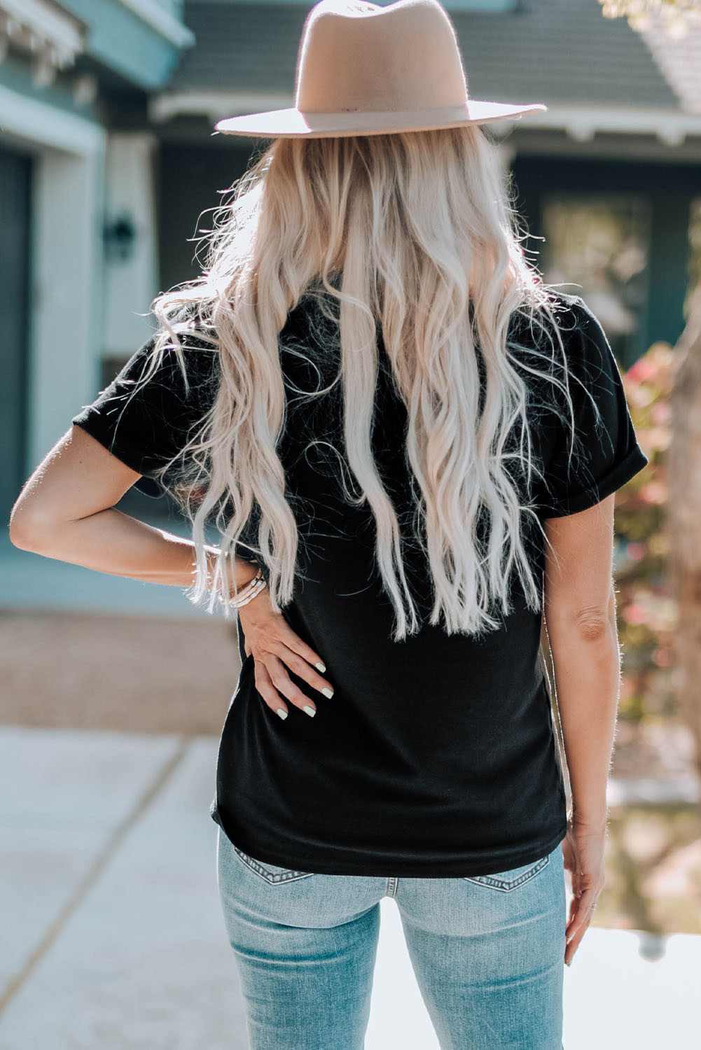 Embrace summer fashion with this trendy Women's American Flag Graphic Crew Neck T-Shirt. The black tee features a stylish American flag pattern, adding a touch of patriotism to your casual look. Made from a comfortable cotton blend, this tee is perfect for everyday wear. The casual style and round neckline make it a versatile choice for various occasions. Whether you're attending a summer barbecue or running errands, this graphic tee will keep you looking and feeling cool. Pair it with your favorite jeans or shorts for a laid-back and fashionable ensemble. Additionally, custom services are available for creating unique graphic tees to suit your individual style and preferences. - Detail View 4 Embrace summer fashion with this trendy Women's American Flag Graphic Crew Neck T-Shirt. The black tee features a stylish American flag pattern, adding a touch of patriotism to your casual look. Made from a comfortable cotton blend, this tee is perfect for everyday wear. The casual style and round neckline make it a versatile choice for various occasions. Whether you're attending a summer barbecue or running errands, this graphic tee will keep you looking and feeling cool. Pair it with your favorite jeans or shorts for a laid-back and fashionable ensemble. Additionally, custom services are available for creating unique graphic tees to suit your individual style and preferences. - Detail View 4