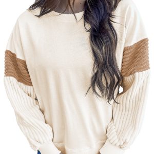 Women's Apricot Corduroy Patchwork Sweatshirt - Drop Shoulder, Long Sleeve - Main View