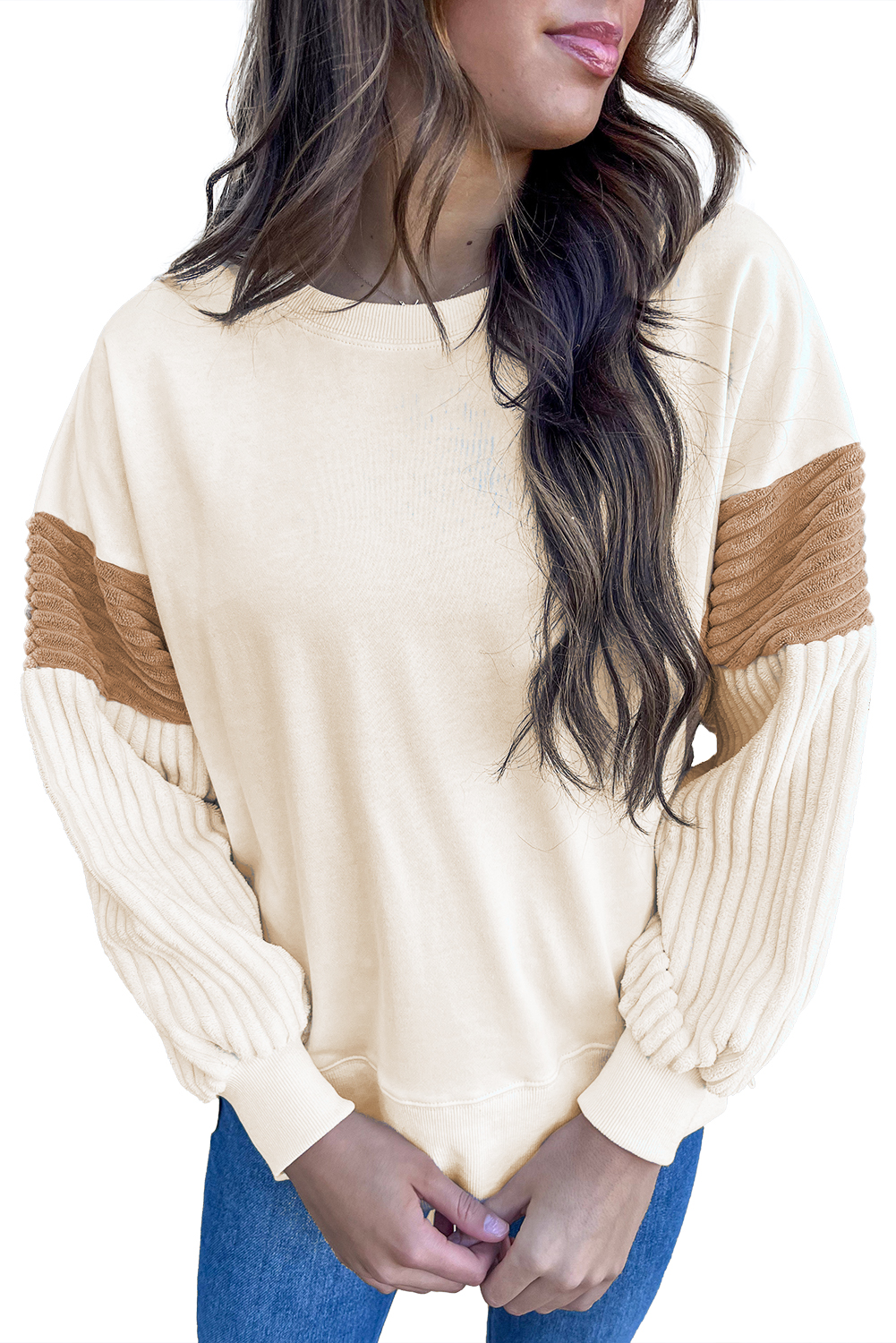 Women's Apricot Corduroy Patchwork Sweatshirt - Drop Shoulder, Long Sleeve - Main View Women's Apricot Corduroy Patchwork Sweatshirt - Drop Shoulder, Long Sleeve - Main View