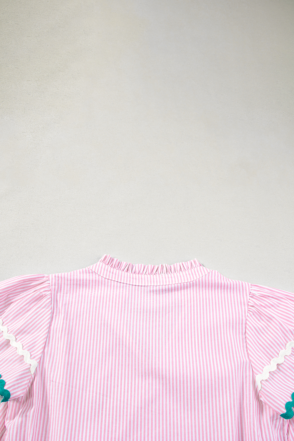 Chic and Whimsical Pink Stripe Split Neck Blouse with Contrasting Binding - Detail View 12 Chic and Whimsical Pink Stripe Split Neck Blouse with Contrasting Binding - Detail View 12