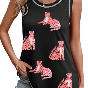 Women's Black Sequin Cheetah Round Neck Tank Top - Main View