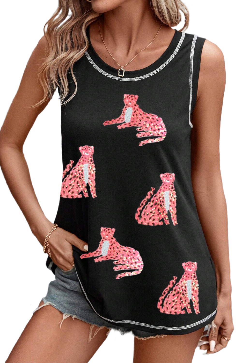 Women's Black Sequin Cheetah Round Neck Tank Top - Main View Women's Black Sequin Cheetah Round Neck Tank Top - Main View
