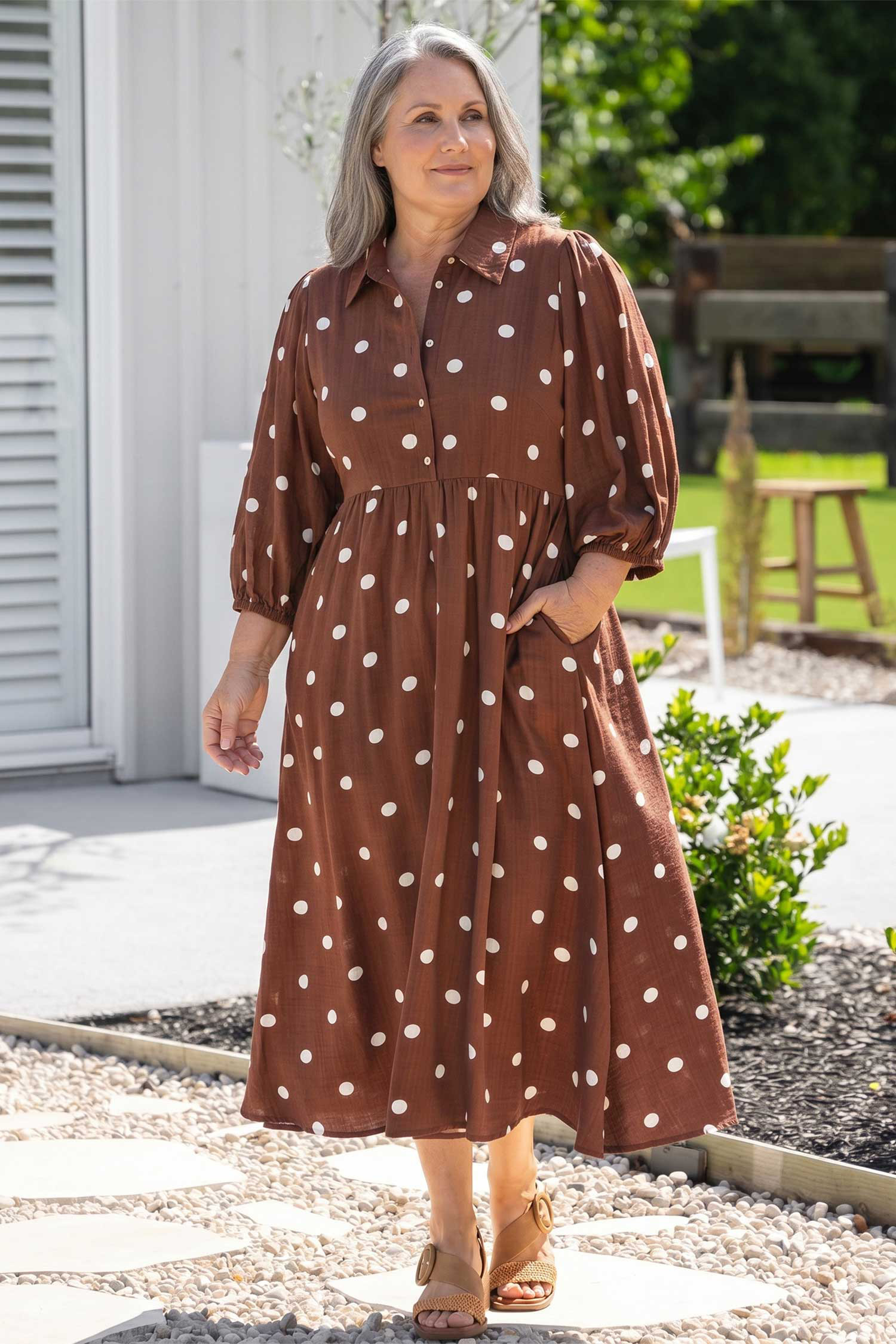 Casual V Neck Polka Dot Dress, Flowy Women Long Autumn Wear - Detail View 6 Casual V Neck Polka Dot Dress, Flowy Women Long Autumn Wear - Detail View 6