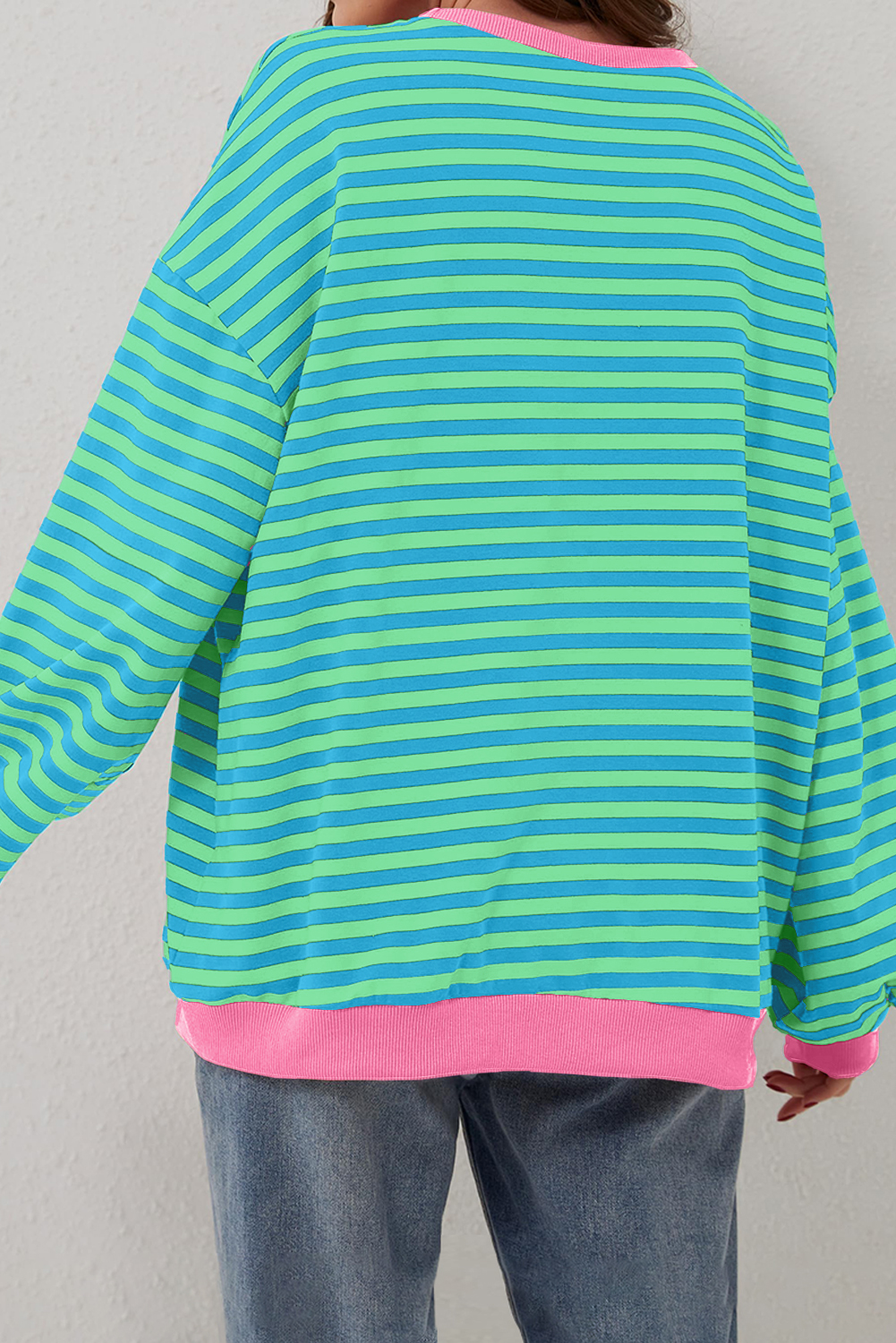 Women's Sky Blue Stripe Oversized Contrast Trim Pullover Sweatshirt - Detail View 6 Women's Sky Blue Stripe Oversized Contrast Trim Pullover Sweatshirt - Detail View 6
