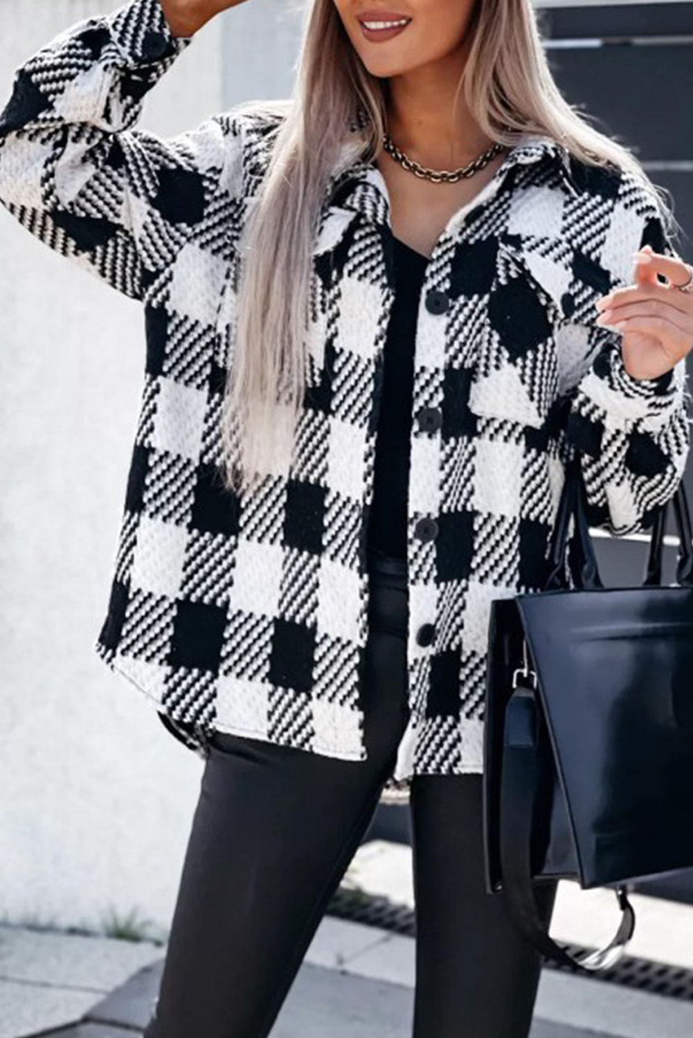 Women's Black Plaid Shacket, Textured Button Front Jacket - Detail View 4 Women's Black Plaid Shacket, Textured Button Front Jacket - Detail View 4