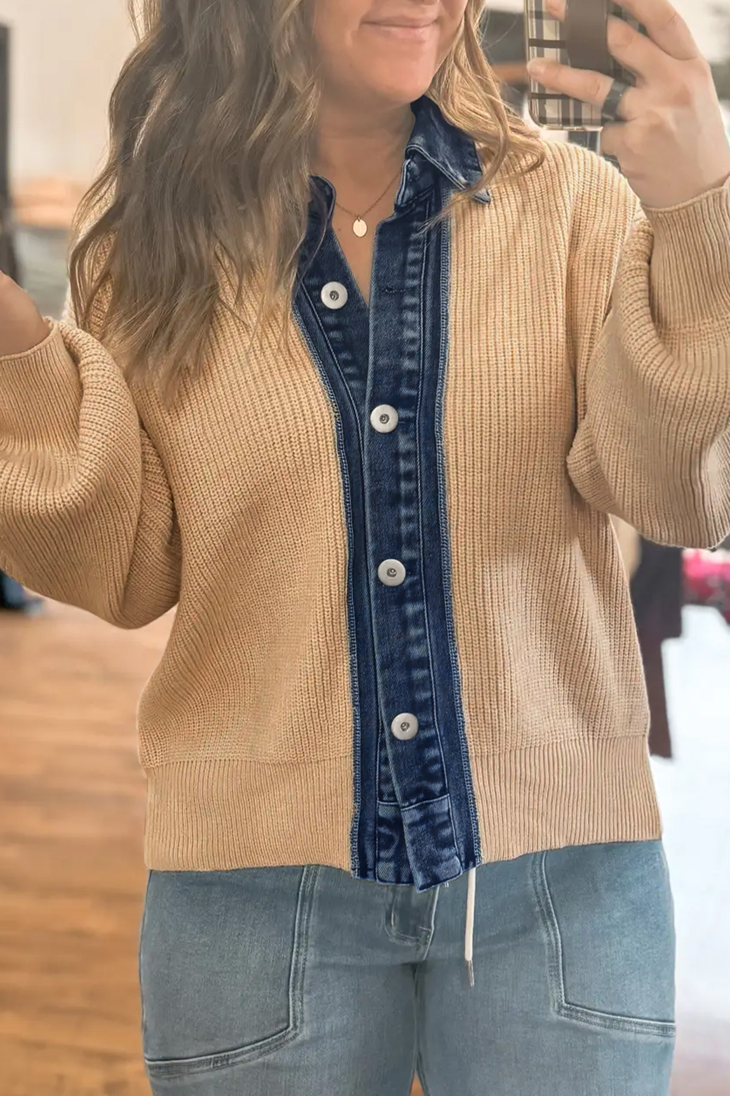 Women's Contrast Panel Cardigan, Chic Shirt Collar Sweater - Detail View 11 Women's Contrast Panel Cardigan, Chic Shirt Collar Sweater - Detail View 11