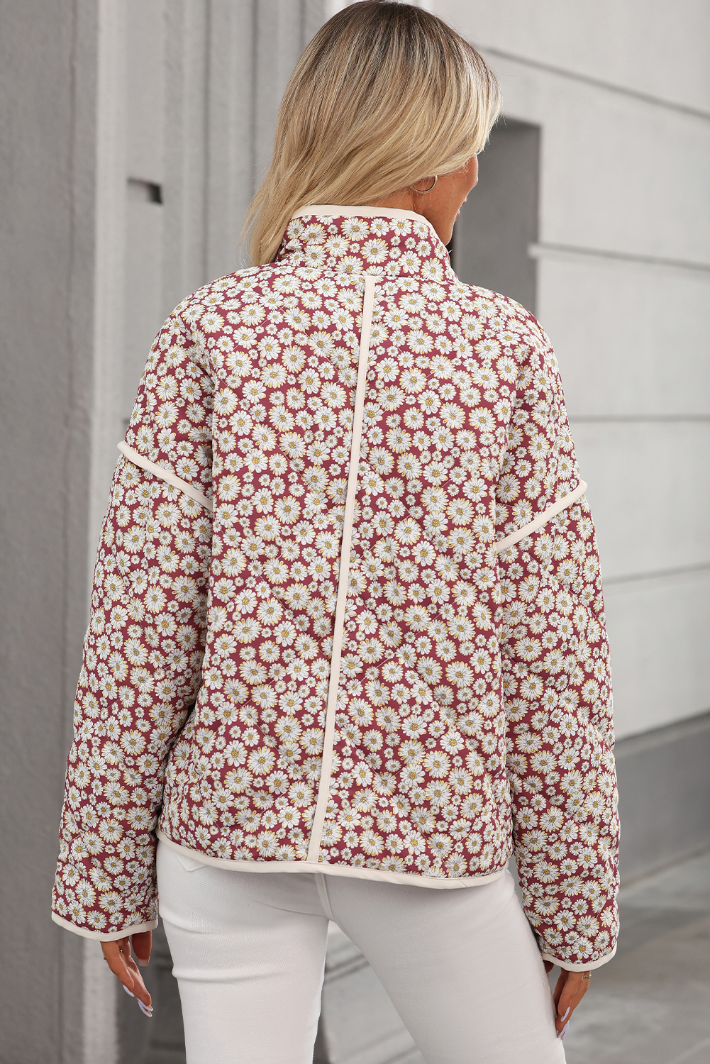 Make a statement with this Women's Pink Floral Print Stand Neck Coat with Contrast Edge Detail. The vibrant floral print design is perfect for making a fashion statement, while the trendy color block edge detail adds a touch of sophistication. The conveniently designed pockets allow you to store your essentials, and the stand neck feature provides a chic and elegant look. Made from 100% polyester, this coat is warm and comfortable, making it perfect for daily wear during the winter season. Pair it with your favorite jeans and boots for a stylish and country-inspired outfit. This coat is a must-have addition to your winter wardrobe, offering both fashion and functionality. - Detail View 4 Make a statement with this Women's Pink Floral Print Stand Neck Coat with Contrast Edge Detail. The vibrant floral print design is perfect for making a fashion statement, while the trendy color block edge detail adds a touch of sophistication. The conveniently designed pockets allow you to store your essentials, and the stand neck feature provides a chic and elegant look. Made from 100% polyester, this coat is warm and comfortable, making it perfect for daily wear during the winter season. Pair it with your favorite jeans and boots for a stylish and country-inspired outfit. This coat is a must-have addition to your winter wardrobe, offering both fashion and functionality. - Detail View 4