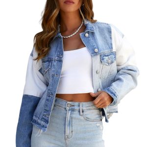 Women's Colorblock Denim Jacket, Casual Patchwork Outerwear - Main View