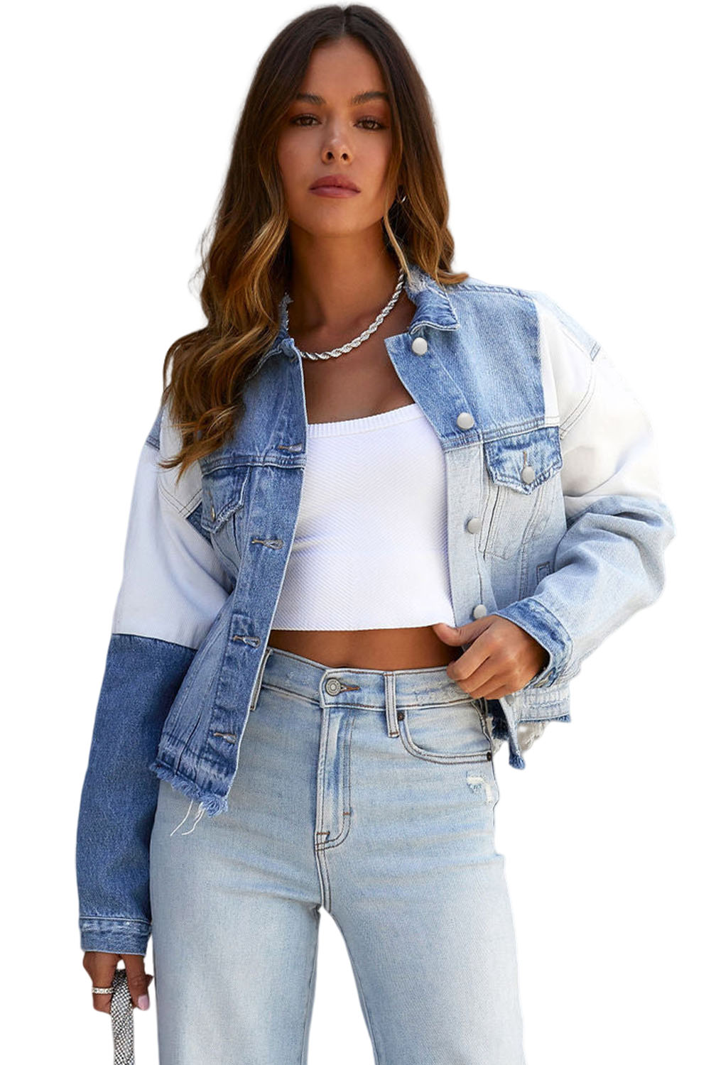 Women's Colorblock Denim Jacket, Casual Patchwork Outerwear - Main View Women's Colorblock Denim Jacket, Casual Patchwork Outerwear - Main View
