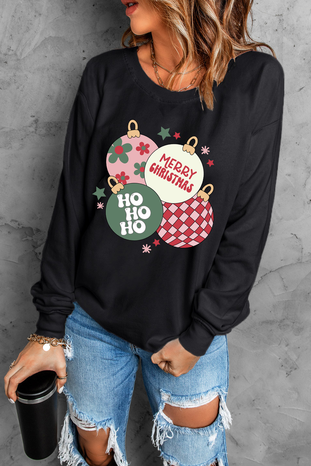 Festive Floral and Letter Printed Black Crewneck Sweatshirt for Women - Detail View 6 Festive Floral and Letter Printed Black Crewneck Sweatshirt for Women - Detail View 6