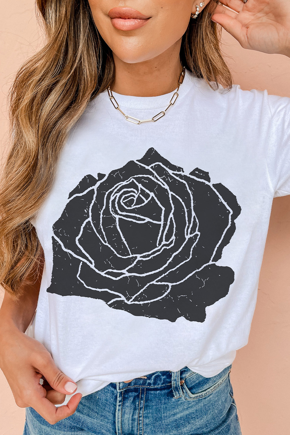 Floral Femininity: Soft and Breathable White Tee with Large Rose Print - Detail View 2 Floral Femininity: Soft and Breathable White Tee with Large Rose Print - Detail View 2