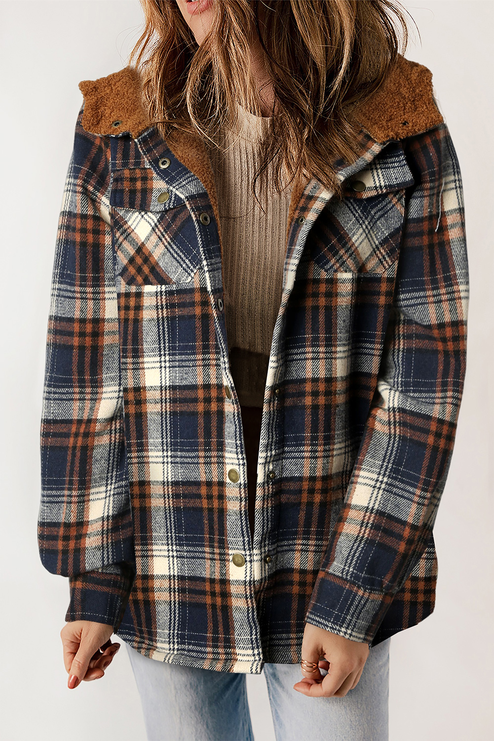 Blue Plaid Long Sleeve Shacket, Cozy Winter Hooded Jacket - Detail View 2 Blue Plaid Long Sleeve Shacket, Cozy Winter Hooded Jacket - Detail View 2