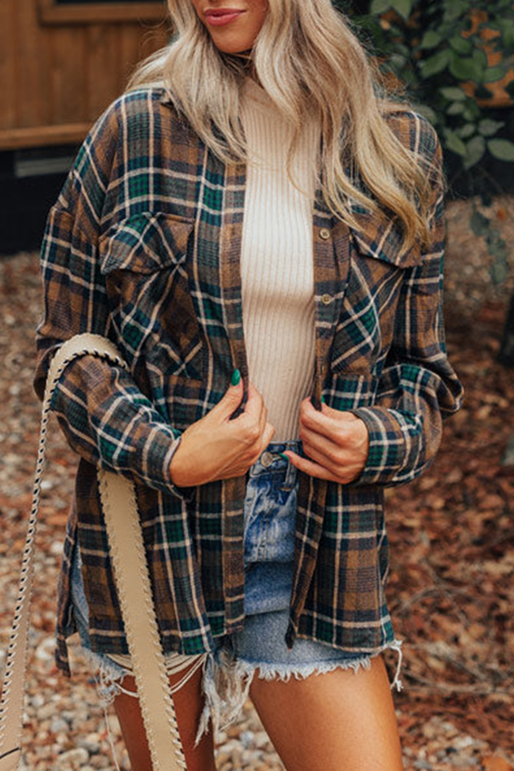 Plaid Shirting Jacket with Chest Flap Pockets - Brown - Detail View 2 Plaid Shirting Jacket with Chest Flap Pockets - Brown - Detail View 2