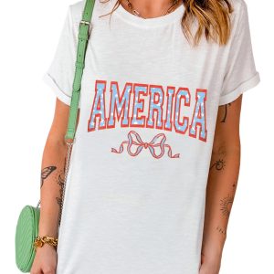 Women's White AMERICA Bow Knot Print Crew Neck Casual Tee - Main View