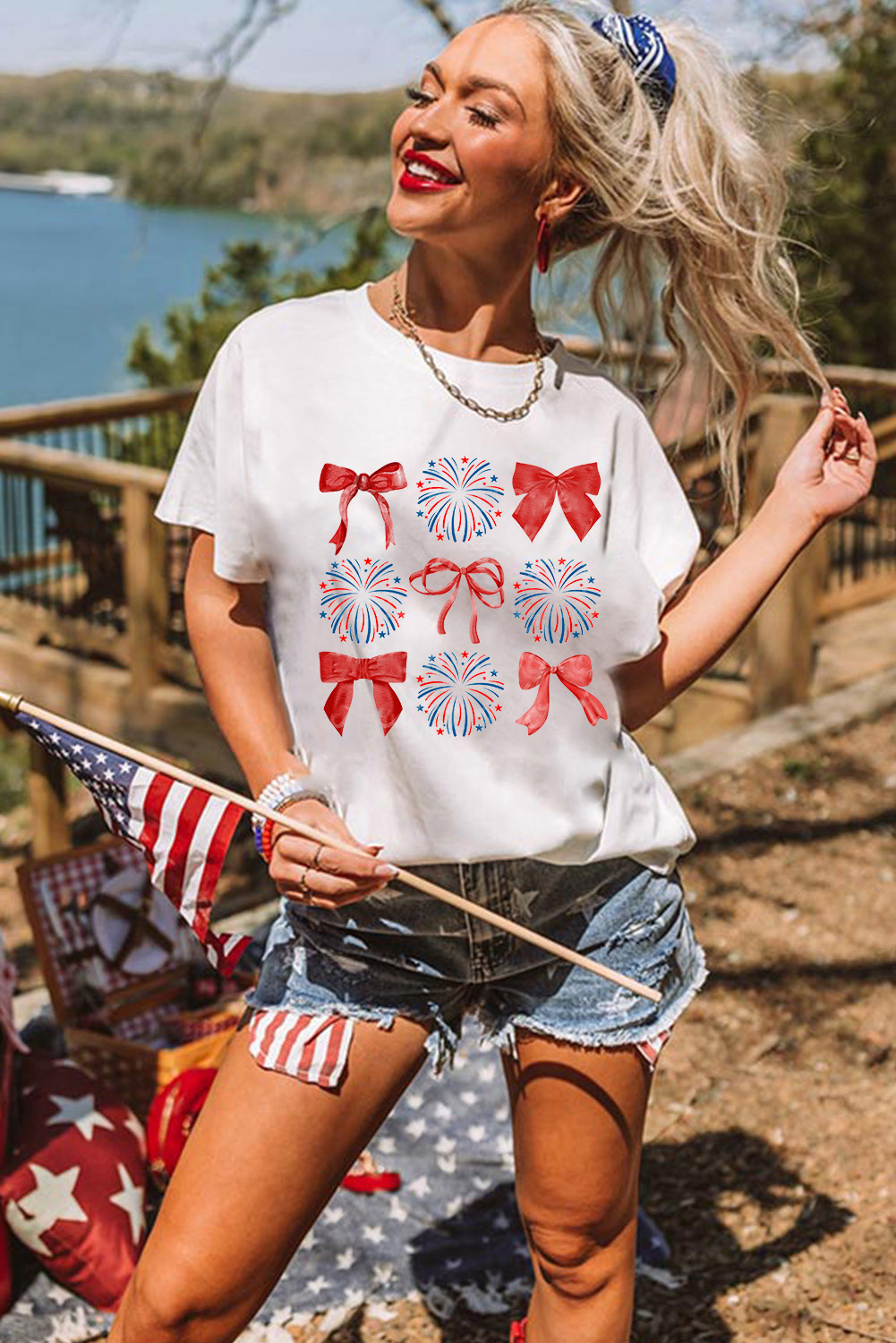 Casual Summer Independence Day Tee, White Firework Print - Detail View 3 Casual Summer Independence Day Tee, White Firework Print - Detail View 3