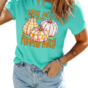 Women's Pumpkin Graphic Tee, Mint Green Casual Short Sleeve - Main View