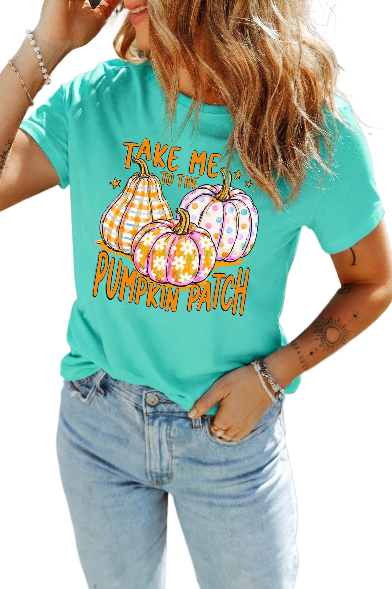 Women's Pumpkin Graphic Tee, Mint Green Casual Short Sleeve - Main View Women's Pumpkin Graphic Tee, Mint Green Casual Short Sleeve - Main View