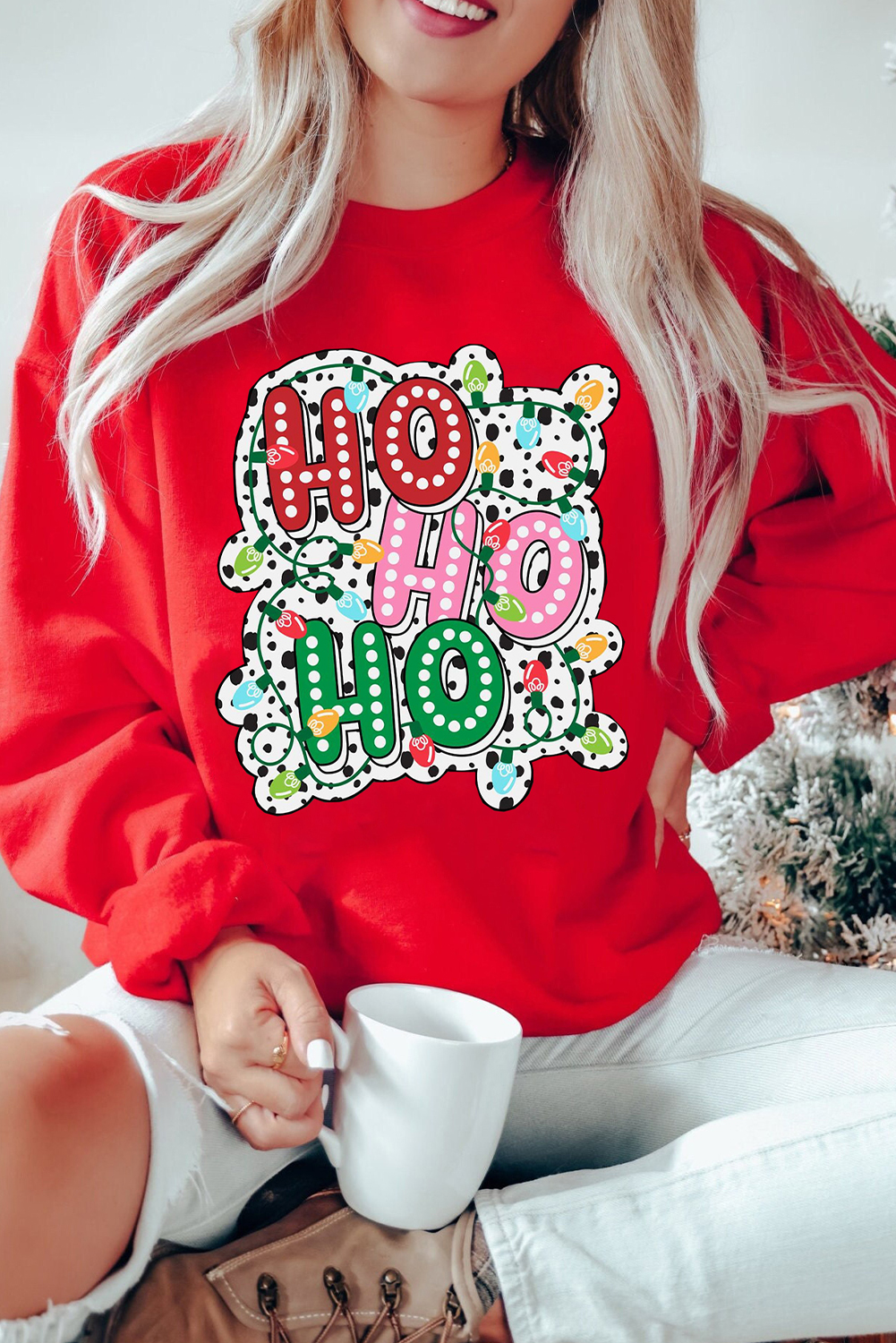Festive Red Sweatshirt for Women - Holiday Cheer with Colorful Lights and HO HO HO Graphic - Detail View 2 Festive Red Sweatshirt for Women - Holiday Cheer with Colorful Lights and HO HO HO Graphic - Detail View 2