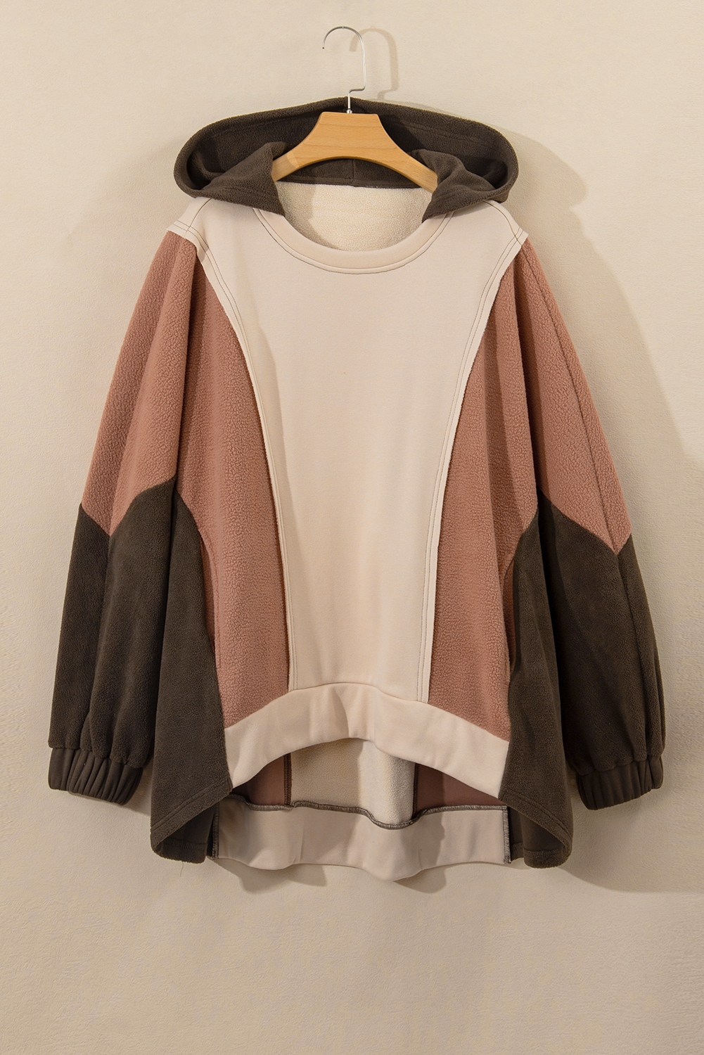 Plus Size Brown Colorblock Hoodie with Exposed Seams - Detail View 6 Plus Size Brown Colorblock Hoodie with Exposed Seams - Detail View 6