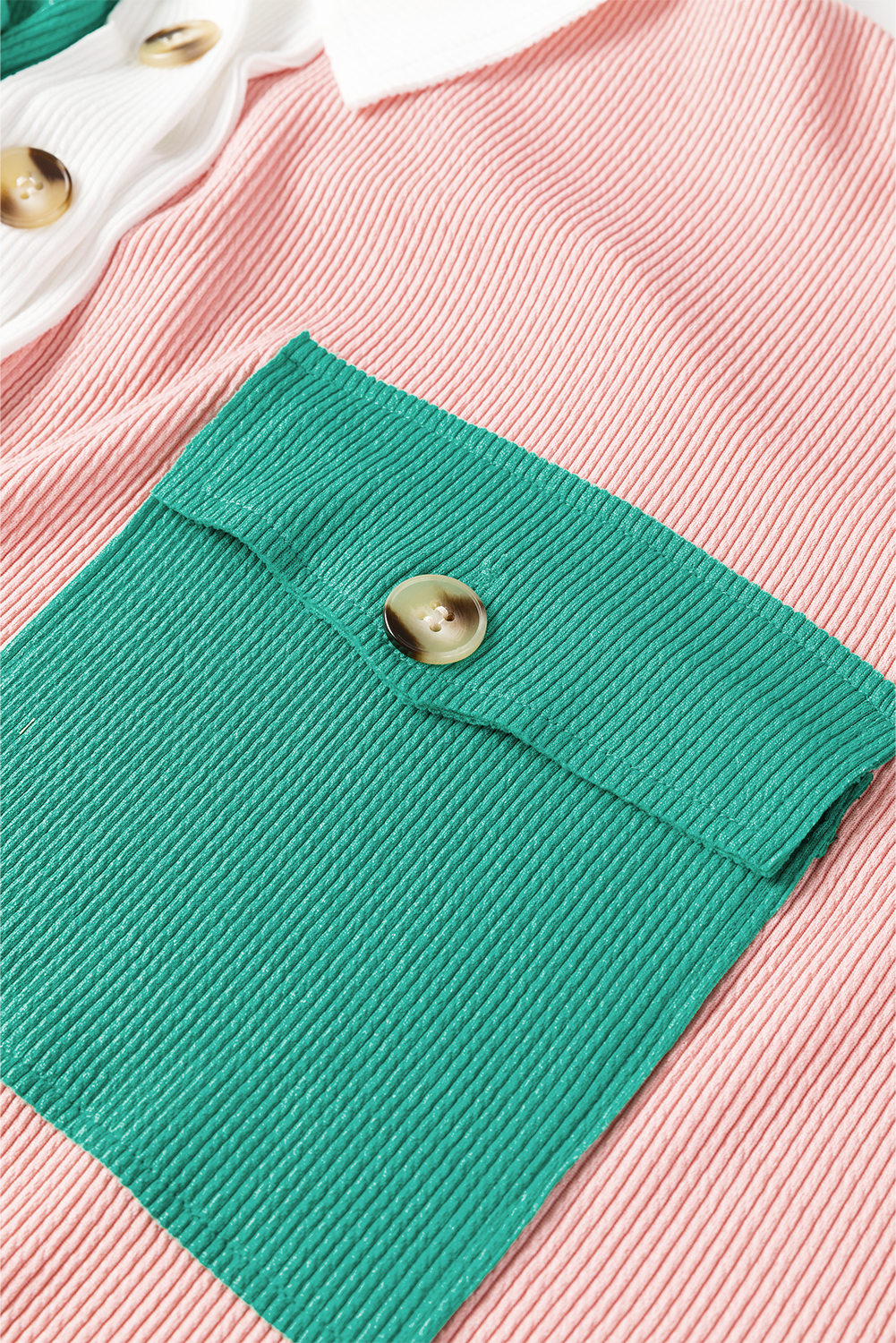 Women's Pink Colorblock Ribbed Oversized Sweatshirt with Buttoned Neckline - Detail View 9 Women's Pink Colorblock Ribbed Oversized Sweatshirt with Buttoned Neckline - Detail View 9