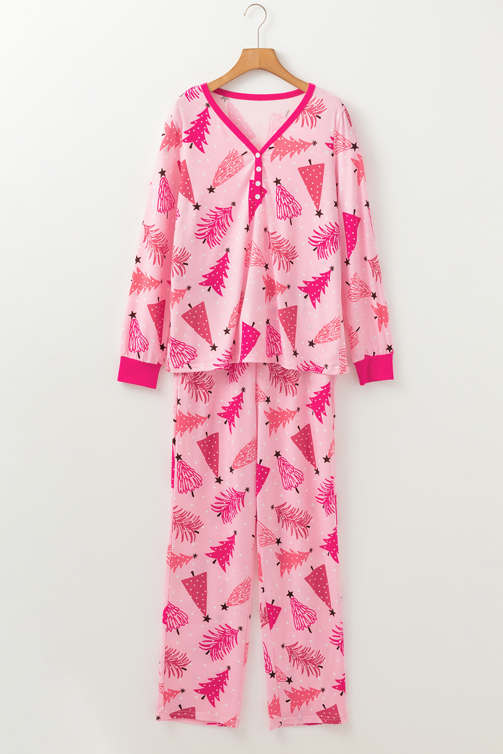 Women's Pink Christmas Tree Lounge Set, Long Sleeve Pajamas - Detail View 13 Women's Pink Christmas Tree Lounge Set, Long Sleeve Pajamas - Detail View 13