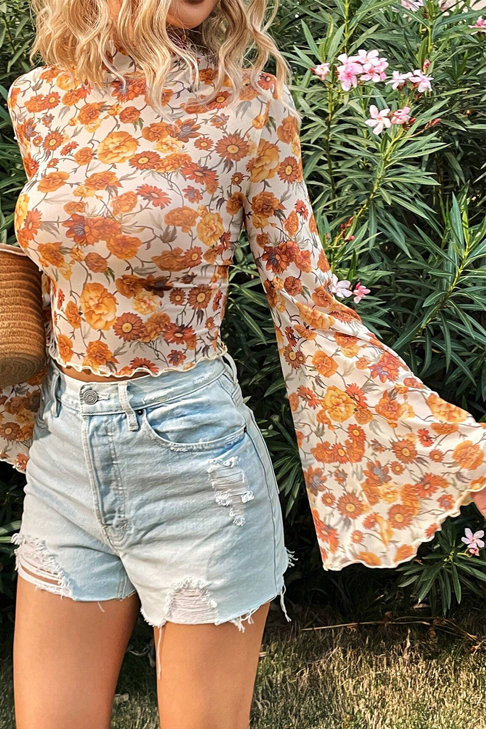 Women's Blouse, Orange Floral, Bell Sleeve, Mock Neck, Scallop Trim, Elegant, Casual, Vacation Wear, Spring Fashion, Chic Style, Long Sleeve, Polyester Blend, Daily Wear, Tops, Blouses & Shirts - Detail View 4 Women's Blouse, Orange Floral, Bell Sleeve, Mock Neck, Scallop Trim, Elegant, Casual, Vacation Wear, Spring Fashion, Chic Style, Long Sleeve, Polyester Blend, Daily Wear, Tops, Blouses & Shirts - Detail View 4