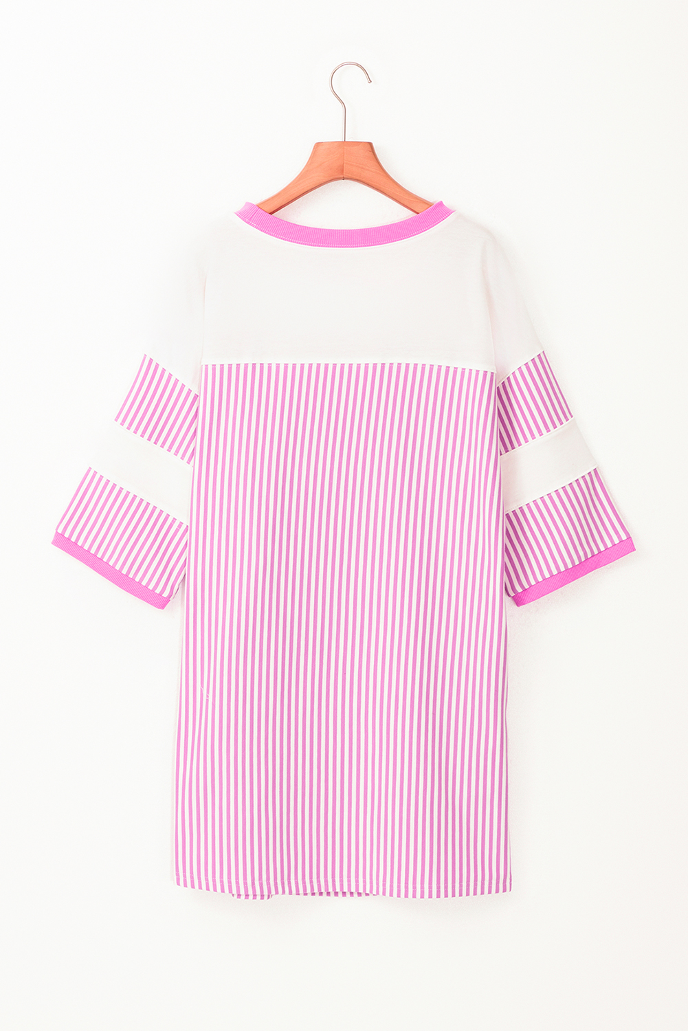 Women's Mini Dress, Phalaenopsis Color, Striped Pattern, Three-Quarter Sleeves, Casual Dress, Shift Silhouette, Spring Fashion, Daily Wear, Comfortable, Classic Crew Neck, Chic Style, Easy to Wear, Dresses, Mini Dresses - Detail View 4 Women's Mini Dress, Phalaenopsis Color, Striped Pattern, Three-Quarter Sleeves, Casual Dress, Shift Silhouette, Spring Fashion, Daily Wear, Comfortable, Classic Crew Neck, Chic Style, Easy to Wear, Dresses, Mini Dresses - Detail View 4