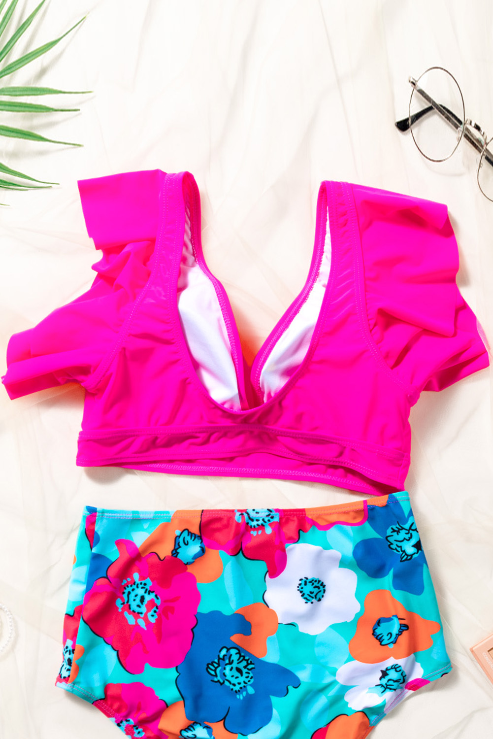 Women's Swim Top, Rose Red, Ruffled V-Neck, Beachwear, Summer, Flirty, Ruffle Sleeve, Adjustable, Padded, Wire-Free, Vacation, Swimwear, Solid Color, V-Neckline, Sheath Silhouette - Detail View 10 Women's Swim Top, Rose Red, Ruffled V-Neck, Beachwear, Summer, Flirty, Ruffle Sleeve, Adjustable, Padded, Wire-Free, Vacation, Swimwear, Solid Color, V-Neckline, Sheath Silhouette - Detail View 10
