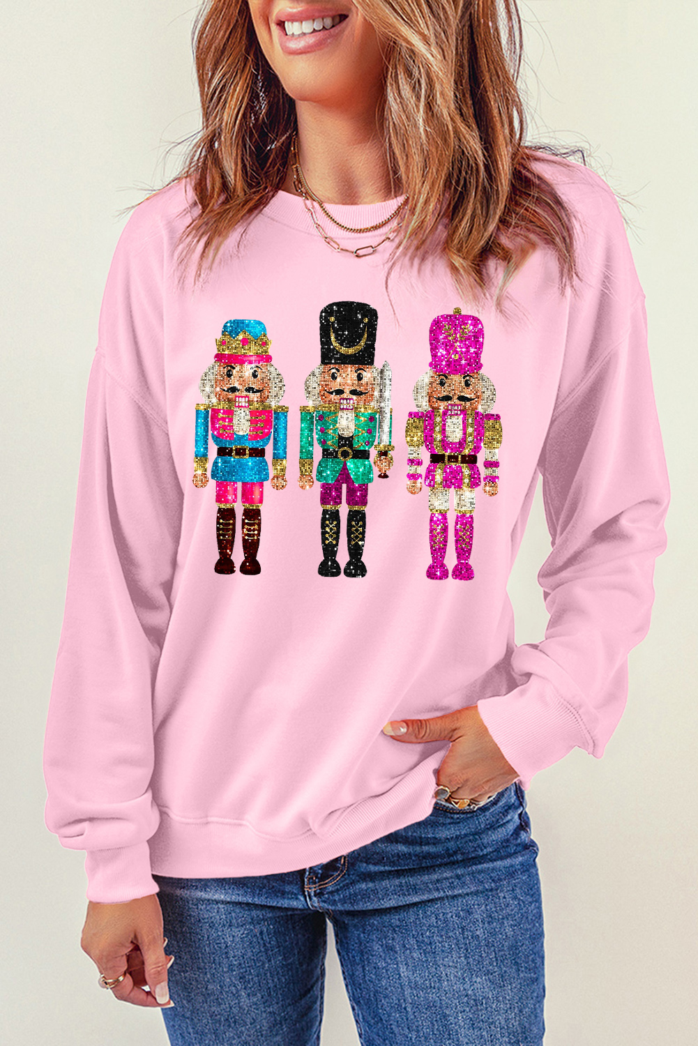 Women's Pink Nutcracker Sweatshirt, Casual Christmas Pullover - Detail View 7 Women's Pink Nutcracker Sweatshirt, Casual Christmas Pullover - Detail View 7