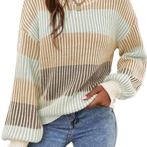 Women's Cozy Brown Colorblock Textured Knit Bubble Sleeve Sweater - Main View