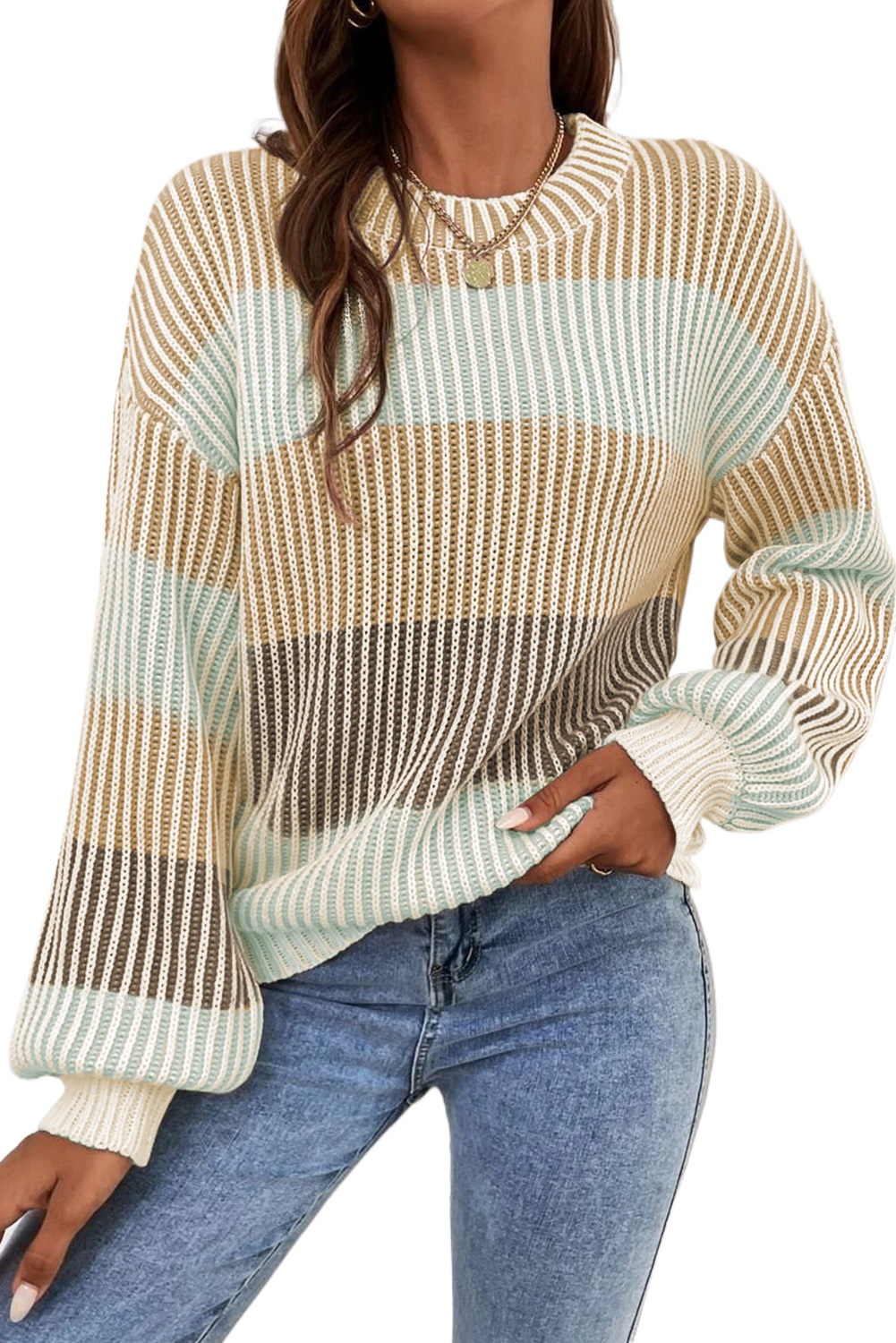 Women's Cozy Brown Colorblock Textured Knit Bubble Sleeve Sweater - Main View Women's Cozy Brown Colorblock Textured Knit Bubble Sleeve Sweater - Main View