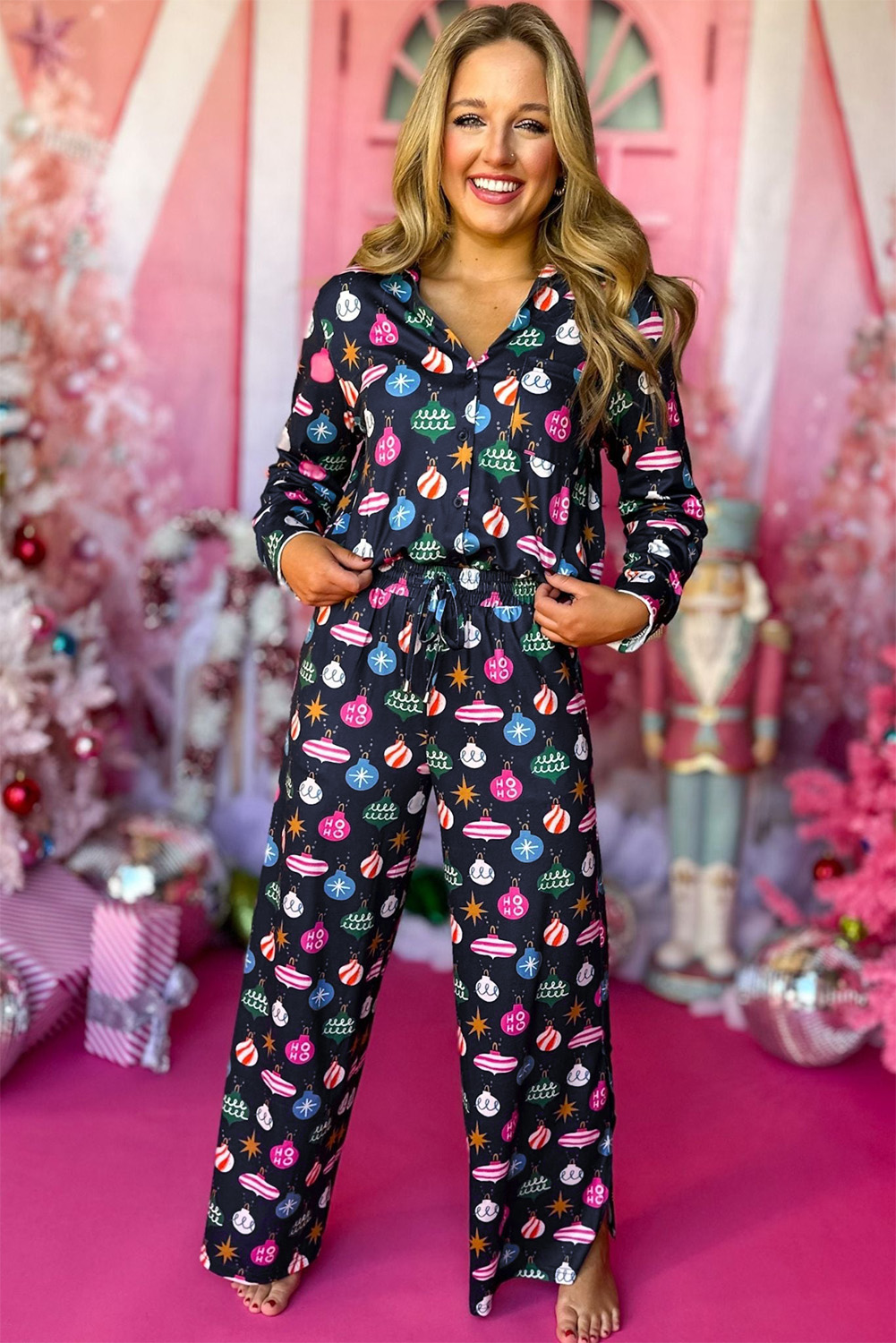 Cozy Christmas Pajama Set for Women - Navy Blue with Colorful Print - Detail View 7 Cozy Christmas Pajama Set for Women - Navy Blue with Colorful Print - Detail View 7