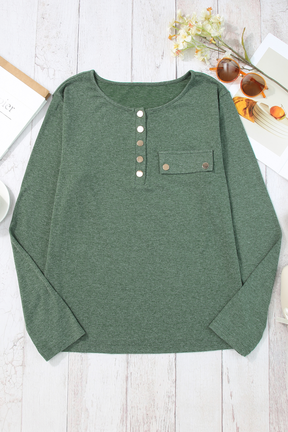 Casual Mist Green Henley Shirt, Women's Solid Button Detail - Detail View 8 Casual Mist Green Henley Shirt, Women's Solid Button Detail - Detail View 8