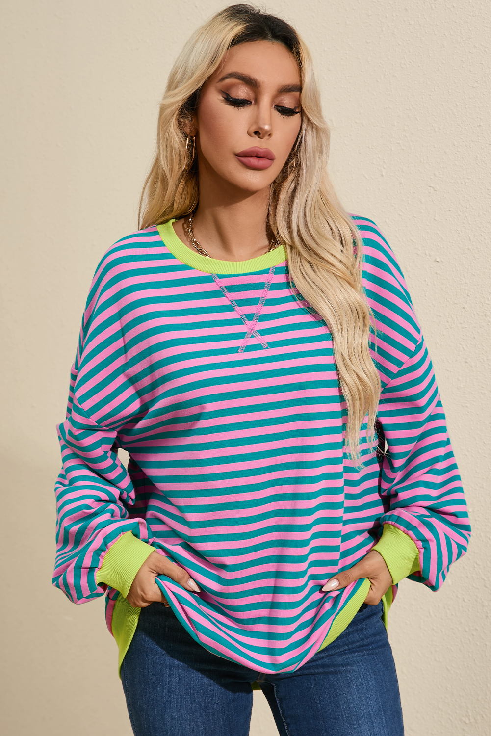 Relaxed Fit and Cozy: Women's Green Stripe Pullover Sweater with Contrast Trim - Detail View 13 Relaxed Fit and Cozy: Women's Green Stripe Pullover Sweater with Contrast Trim - Detail View 13