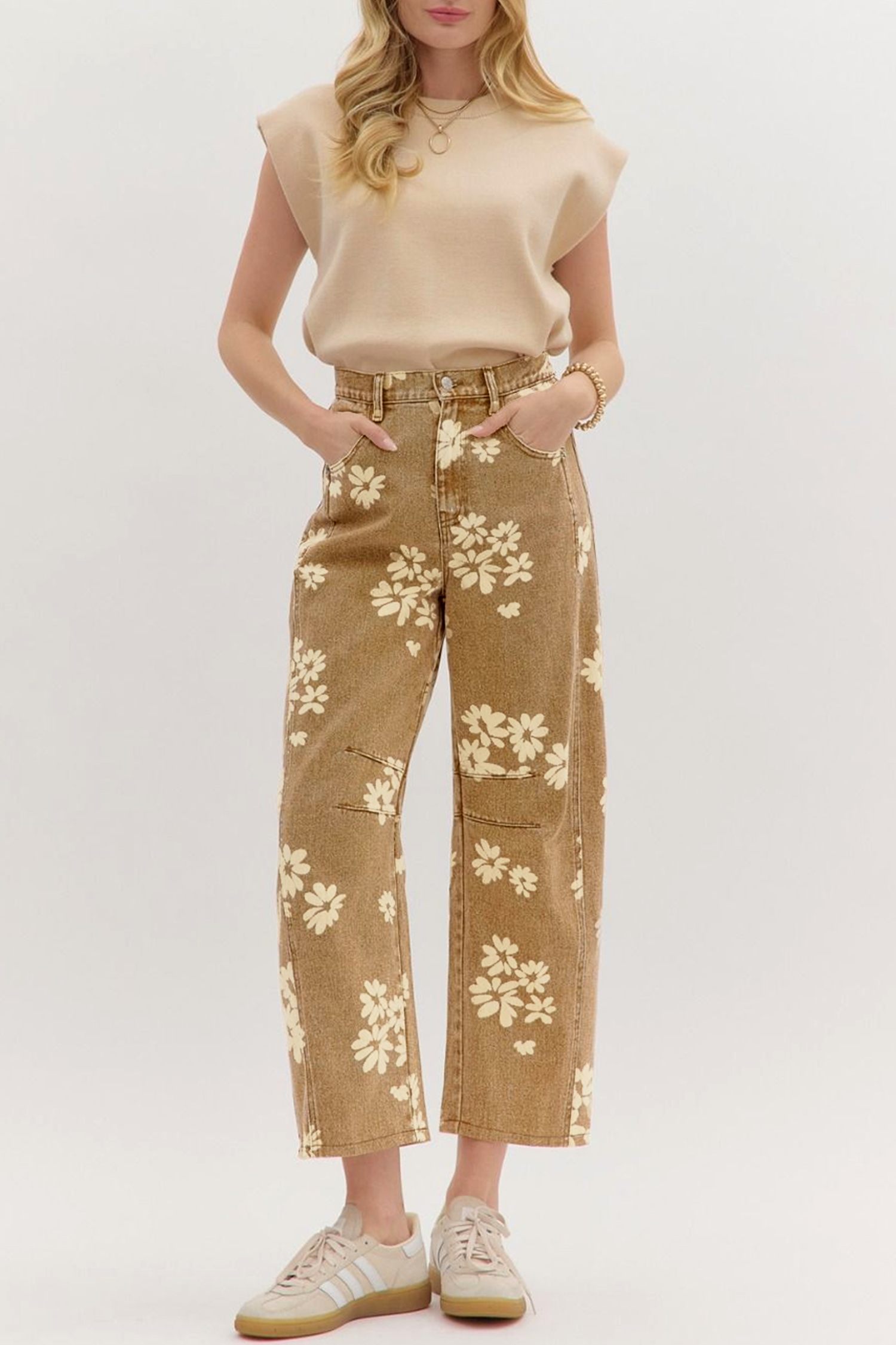 Women's Straight Leg Jeans, Khaki Floral Print Daily Retro - Detail View 7 Women's Straight Leg Jeans, Khaki Floral Print Daily Retro - Detail View 7