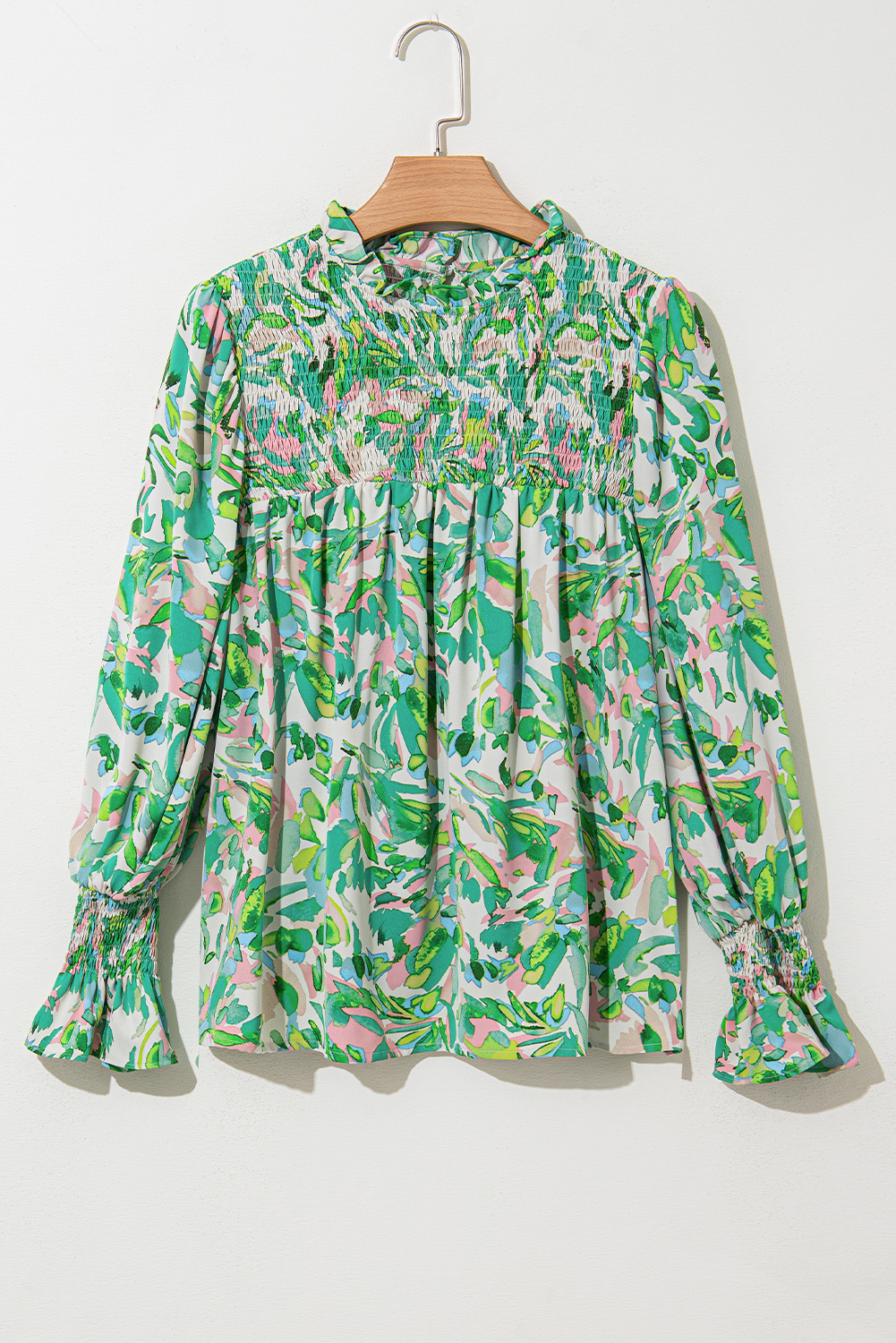 Women's Blouse, Green Floral, Flounce Sleeve, Shirred Mock Neck, Elegant Style, Loose Fit, Daily Wear, Spring Fashion, Botanical Print, Long Sleeve, Shift Silhouette, Ruffle Details, 100% Polyester, Versatile Top, Country Style, Best Sellers - Detail View 8 Women's Blouse, Green Floral, Flounce Sleeve, Shirred Mock Neck, Elegant Style, Loose Fit, Daily Wear, Spring Fashion, Botanical Print, Long Sleeve, Shift Silhouette, Ruffle Details, 100% Polyester, Versatile Top, Country Style, Best Sellers - Detail View 8