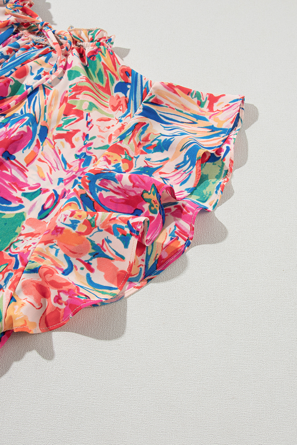 Women's Ruffle Sleeve Summer Top, Abstract Floral V Neck - Detail View 9 Women's Ruffle Sleeve Summer Top, Abstract Floral V Neck - Detail View 9