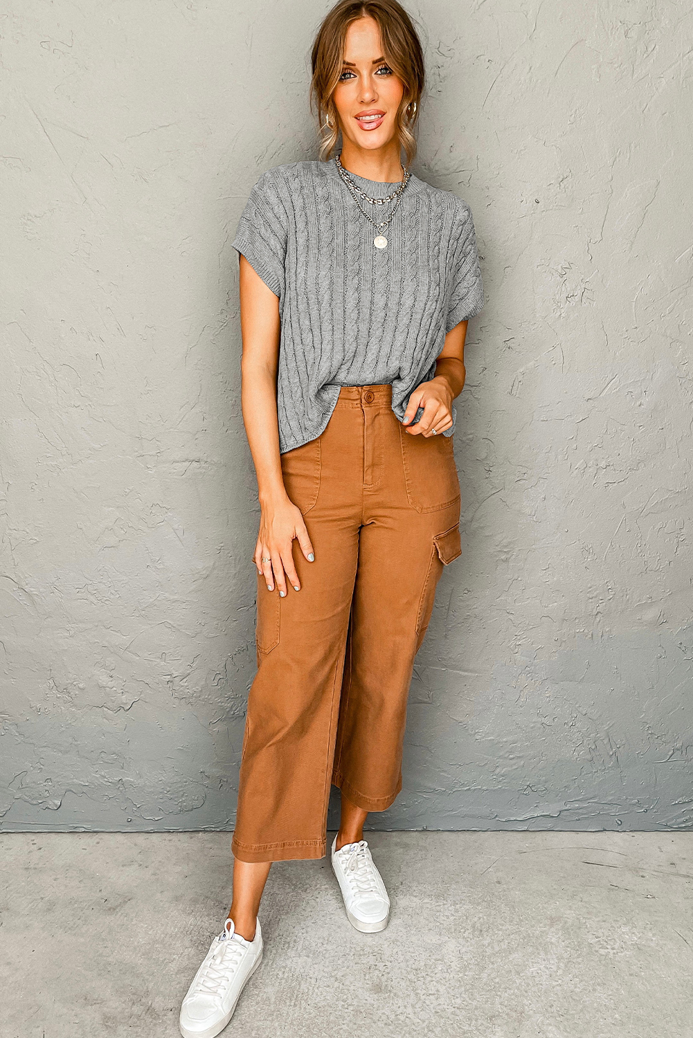 Women's Gray Cable Knit Sweater, Casual Short Sleeve Top - Detail View 7 Women's Gray Cable Knit Sweater, Casual Short Sleeve Top - Detail View 7