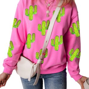 Women's Bonbon Sequined Cactus Pattern Crewneck Pullover Sweatshirt - Main View