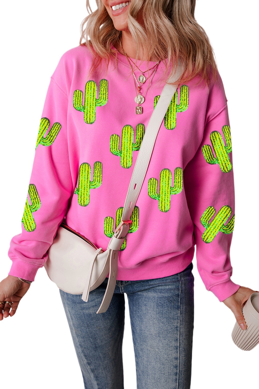 Women's Bonbon Sequined Cactus Pattern Crewneck Pullover Sweatshirt - Main View Women's Bonbon Sequined Cactus Pattern Crewneck Pullover Sweatshirt - Main View