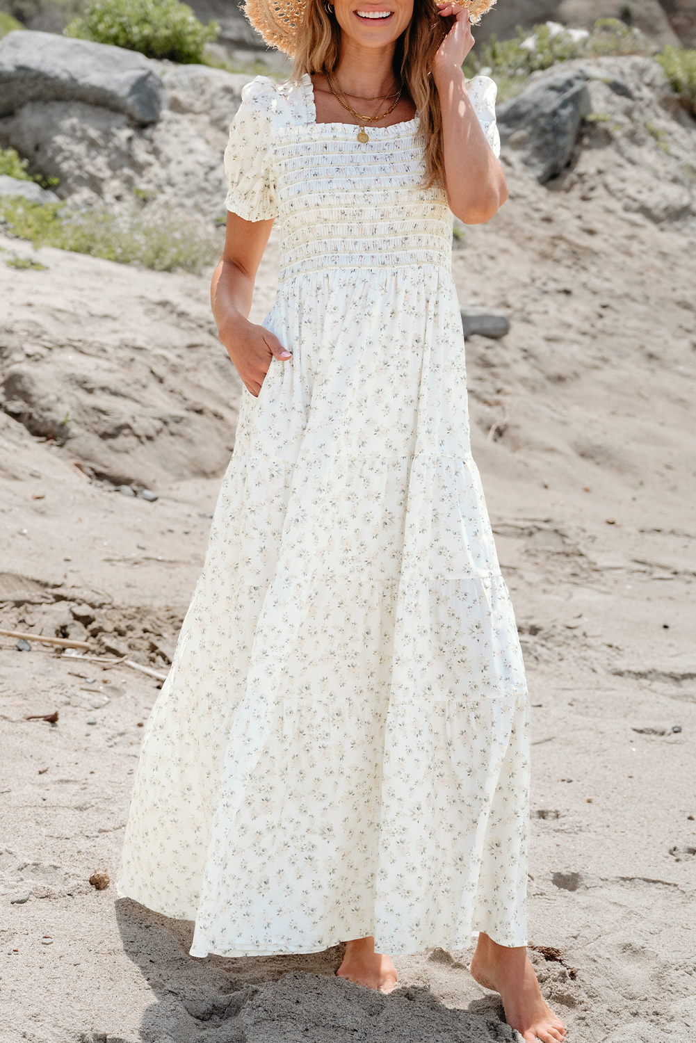 Women's Floral Maxi Dress, Smocked Bodice Summer Casual - Detail View 7 Women's Floral Maxi Dress, Smocked Bodice Summer Casual - Detail View 7