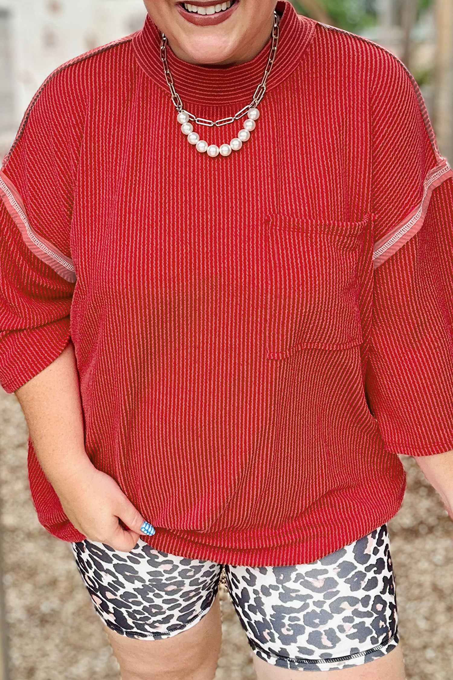 Women's Corded Rib Blouse, Fiery Red Round Neck Tunic - Detail View 5 Women's Corded Rib Blouse, Fiery Red Round Neck Tunic - Detail View 5