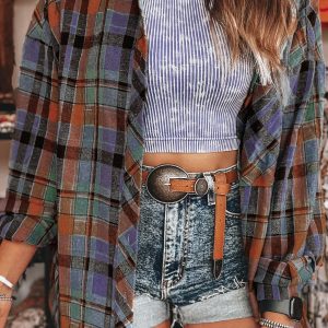 Women's Orange Plaid Print Loose Vintage Shirt - Main View