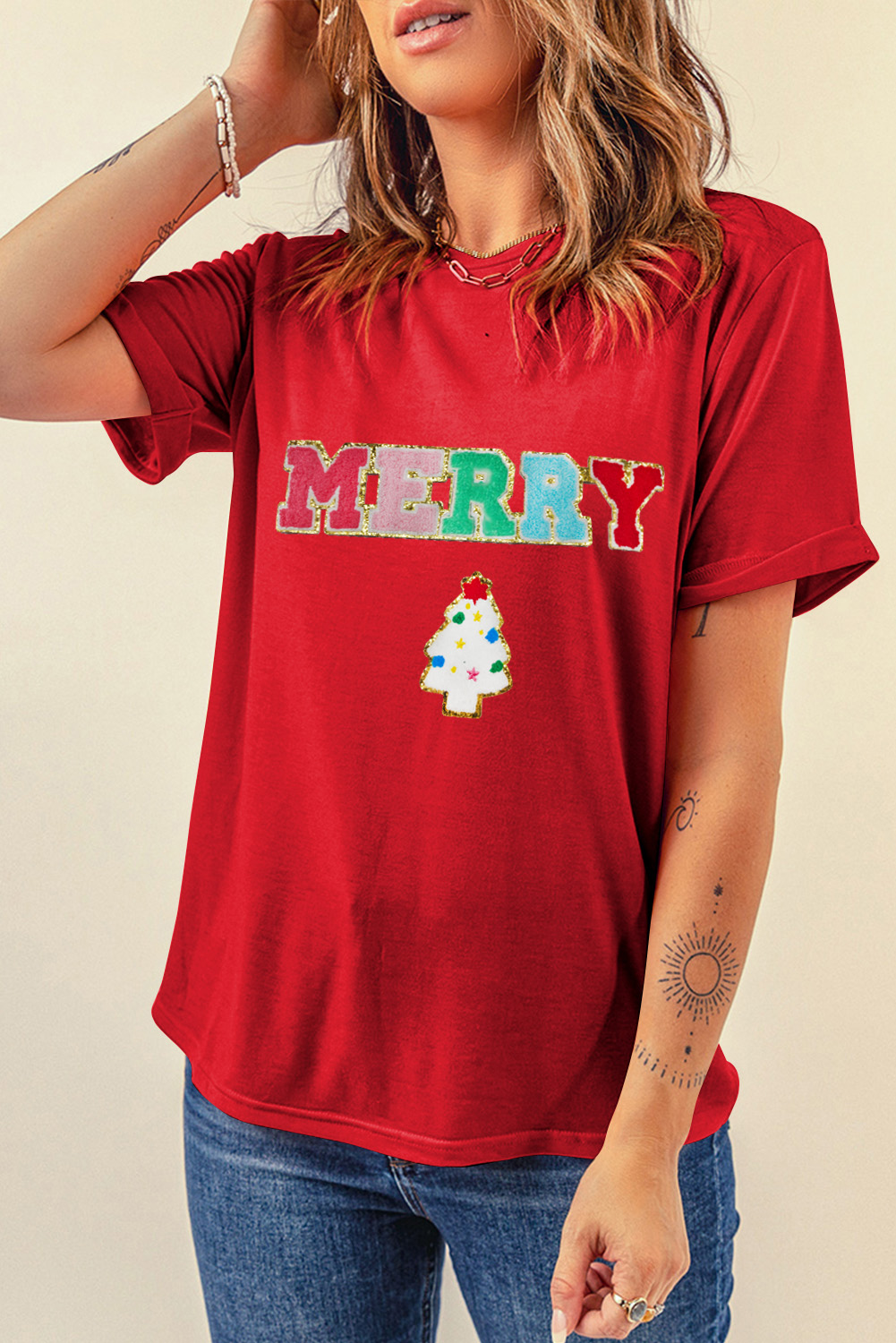 Cozy Holiday Red T-Shirt with Chenille MERRY Christmas Tree Design - Detail View 6 Cozy Holiday Red T-Shirt with Chenille MERRY Christmas Tree Design - Detail View 6