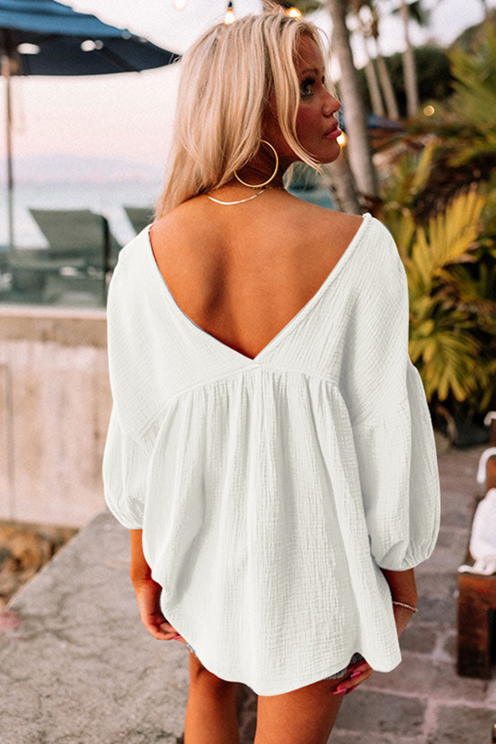Casual White Cotton Blouse, Relaxed Fit Ruched Babydoll Top - Detail View 2 Casual White Cotton Blouse, Relaxed Fit Ruched Babydoll Top - Detail View 2