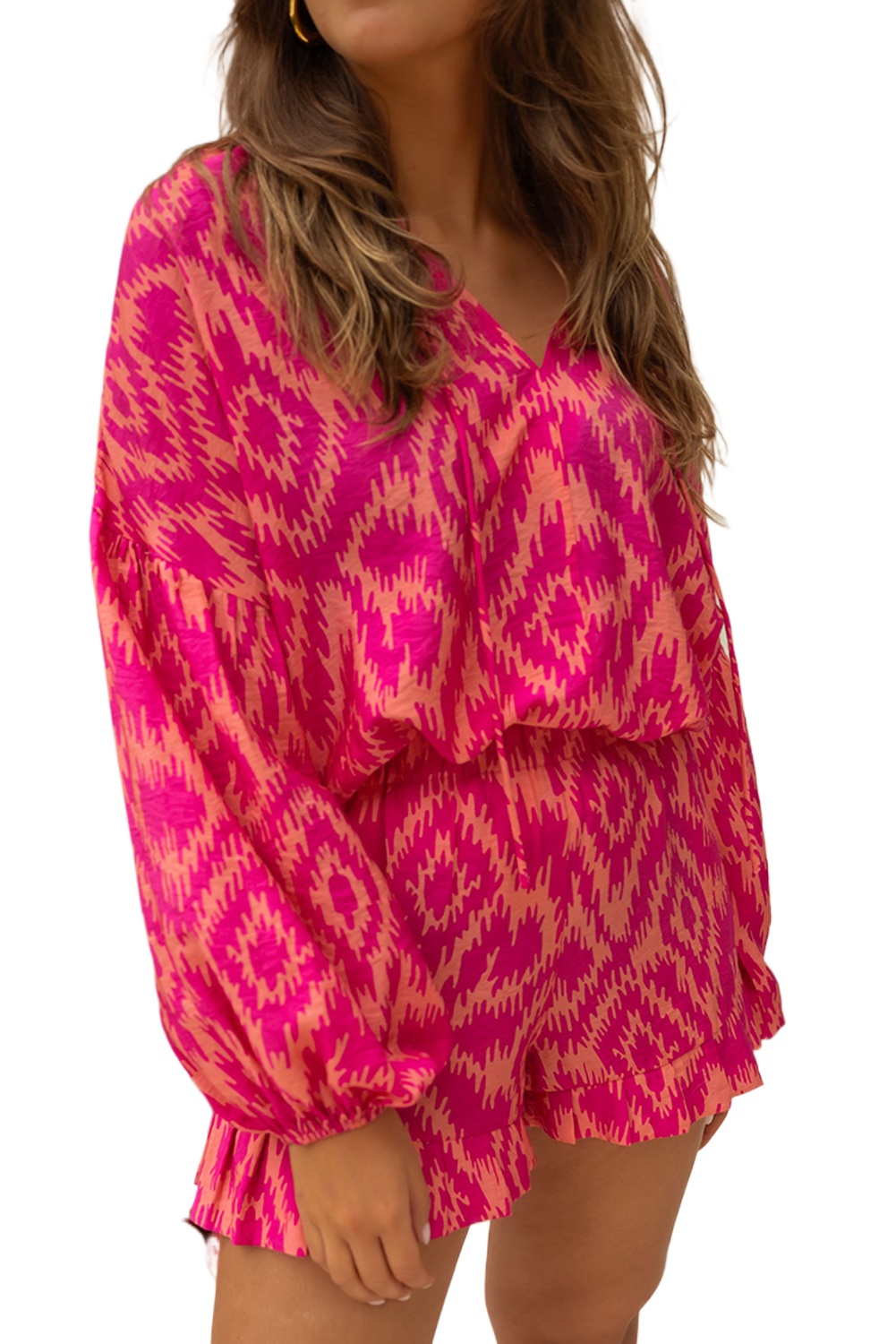 Women's Rose Western Aztec Geometric Print Top and Ruffled Shorts Set - Main View Women's Rose Western Aztec Geometric Print Top and Ruffled Shorts Set - Main View