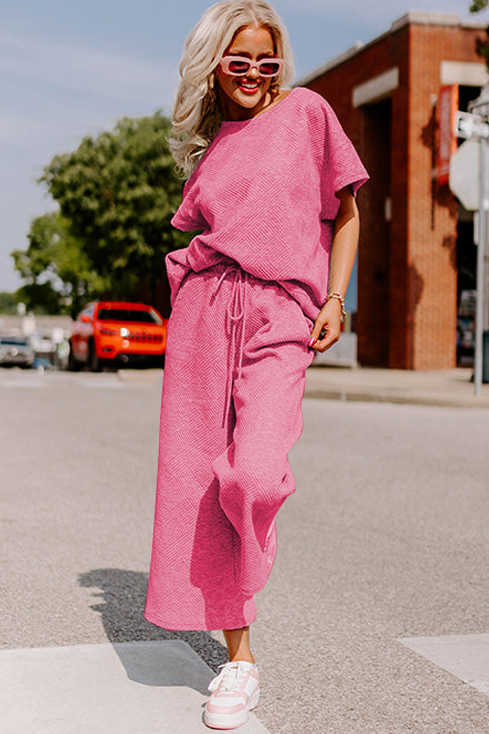 Women's Ribbed Lounge Set, Strawberry Pink Casual Outfit - Detail View 4 Women's Ribbed Lounge Set, Strawberry Pink Casual Outfit - Detail View 4