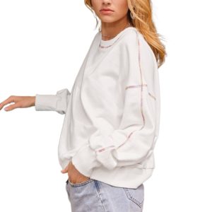 Women's White Rainbow Contrast Trim Drop Shoulder Pullover Sweatshirt - Main View